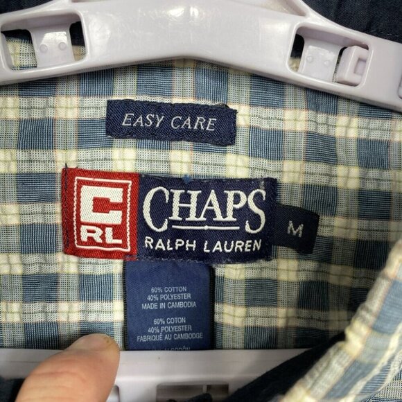 Chaps Ralph Lauren Button Down Shirt Mens M Blue Plaid Seersucker EZ Care VTG - Picture 6 of 9